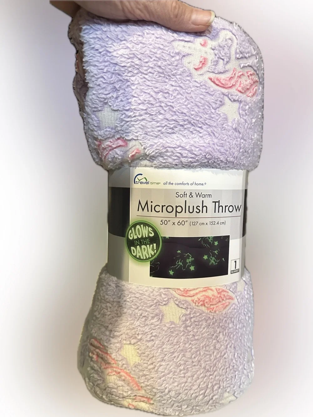 TRAVEL TIME MICROPLUSH THROW BLANKET SOFT WARM PURPLE PINK UNICORN 50”x 60” GLOW